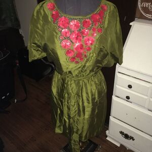 Trina Turk sequined embroidered belted silk dress